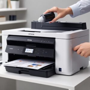 Close-up view of the Epson EcoTank L3210 All-in-One printer, highlighting its integrated ink tanks and compact design, with a user pouring ink from a bottle into the tank. The image should convey ease of use and the innovative ink system.