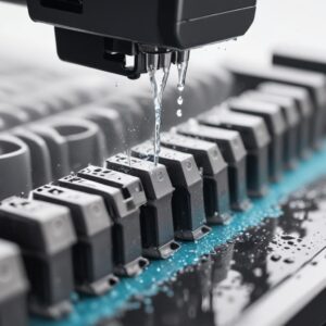 Digital illustration of printer nozzles being cleaned during a head cleaning process, with tiny ink droplets shooting out to represent clearing clogs.