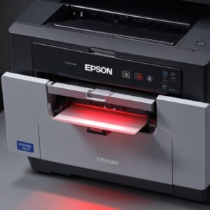 Foto close-up lampu indikator merah pada printer Epson yang menyala, dengan tangan mencoba membuka penutup printer.