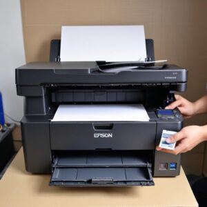 Foto teknisi sedang memeriksa bagian dalam printer Epson L3210, menunjukkan komponen-komponen internal seperti waste ink pad, head printer, dan sensor.