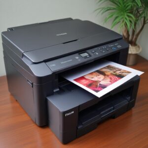 Gambar hasil cetakan foto berwarna yang tajam dan cerah dari printer Epson L3210, kontras dengan hasil cetakan buram di sebelahnya (opsional, untuk menunjukkan perbedaan kualitas tinta asli vs palsu).