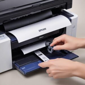 Hands carefully pouring an Epson 003 ink bottle into the designated ink tank of an Epson L3210 printer, showing the
