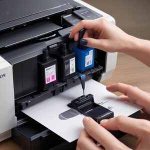 Illustration of a hand refilling an ink tank of an Epson L3210 printer, showing ink bottles and a clear ink level indicator.