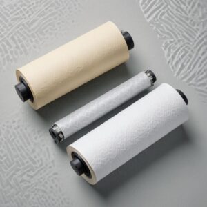 Illustration of a worn-out printer paper roller compared to a new, textured roller. The worn roller appears smooth and shiny, while the new one has clear grip patterns. This highlights the