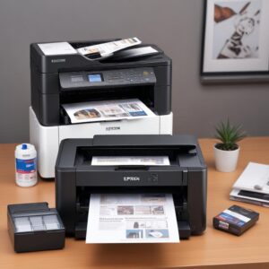 Ilustrasi 3 model printer Epson EcoTank yang berbeda, menunjukkan variasi ukuran dan desain. Satu printer multifungsi di meja kantor, satu printer kompak di meja belajar mahasiswa, dan satu printer A3 di studio foto.