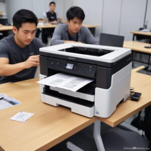 Ilustrasi 3D realistis dari printer Epson L3210 All In One di atas meja kerja yang bersih dengan dokumen yang sedang dicetak, di samping laptop. Fokus pada desain ringkas dan modern printer.