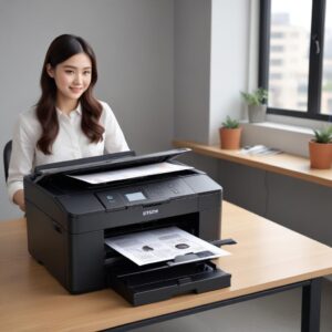 Ilustrasi 7 printer Epson multifungsi dengan scanner di atas meja, dengan fokus pada model EcoTank L3250 dan L5290. Latar belakang kantor minimalis.
