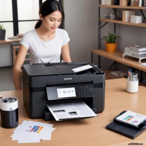 Ilustrasi 7 printer Epson terbaik (EcoTank L1800, L8050, SureColor P600, L1300, WorkForce Pro WF-C5790, L3250, L3110) berjejer rapi, dengan tumpukan kertas tebal seperti kartu nama, undangan, dan foto di sampingnya. Desain modern dan bersih.
