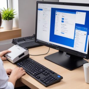 Ilustrasi antarmuka software TeamViewer atau AnyDesk di layar komputer, menunjukkan koneksi remote ke printer Epson L3210 untuk reset.