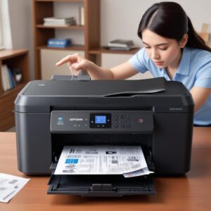 Ilustrasi antarmuka software reset printer di layar komputer yang terhubung dengan printer Epson L3210.