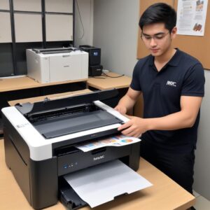 Ilustrasi antrean cetak di Mac, menunjukkan printer Epson L3210 dalam kondisi