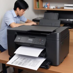 Ilustrasi antrean dokumen yang menumpuk di depan printer Epson yang diam, dengan beberapa dokumen yang terlihat