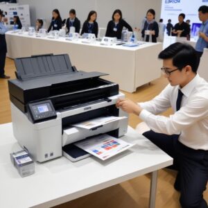 Ilustrasi berbagai ikon fitur printer Epson (Wi-Fi, scanner, duplex printing) mengelilingi logo Epson, menunjukkan beragamnya pilihan fitur.