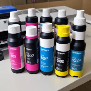 Ilustrasi botol-botol tinta Epson 003 dengan berbagai warna (Black, Cyan, Magenta, Yellow) berjejer rapi di samping sebuah printer Epson L3210, menunjukkan kesesuaian tinta dengan printer.
