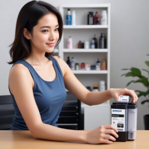 Ilustrasi botol tinta Epson EcoTank yang sedang mengisi tangki tinta printer, menunjukkan konsep penghematan biaya tinta jangka panjang.