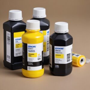 Ilustrasi botol tinta original Epson warna kuning dengan label