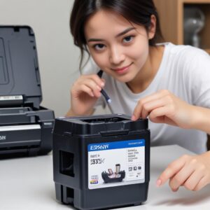 Ilustrasi botol tinta sedang mengisi tangki tinta printer Epson L3210, dengan indikator level tinta terlihat jelas.