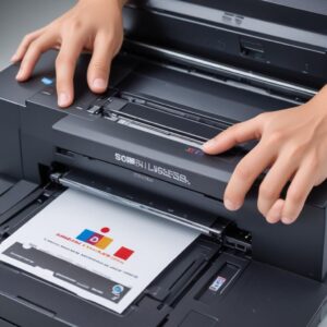 Ilustrasi cartridge printer inkjet dan laser yang berjejer rapi, dengan simbol