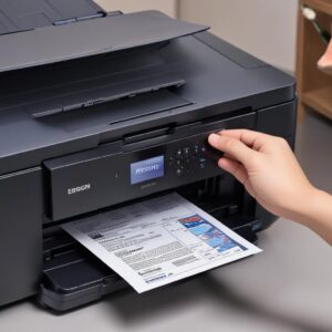 Ilustrasi close-up antarmuka pengaturan driver printer di layar komputer, dengan opsi jenis kertas dan kualitas cetak yang disorot, di belakangnya ada sebagian printer Epson L3210.