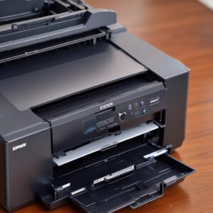 Ilustrasi close-up bagian dalam printer Epson L3210 yang menunjukkan waste ink pad yang penuh dengan tinta. Lampu merah LED berkedip di latar belakang.