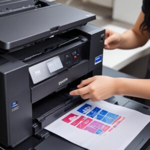 Ilustrasi close-up bagian dalam printer Epson L3210 menunjukkan head printer yang sedang digeser manual oleh tangan, dengan beberapa roda gigi terlihat di latar belakang. Ada tetesan kecil pelumas silikon.