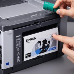 Ilustrasi close-up botol tinta original Epson yang sedang mengisi tangki tinta printer L3210 tanpa tumpah, dengan tangan yang rapi.