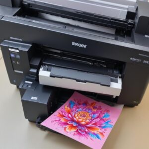 Ilustrasi close-up head print printer Epson yang sedikit kotor, dengan tangan berhati-hati sedang mengusapnya menggunakan kain microfiber dan botol cairan pembersih head printer khusus.