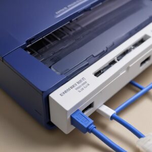 Ilustrasi close-up kabel USB yang terpasang ke port belakang printer Epson L3210, dengan cahaya biru redup dari port USB yang terhubung ke laptop di latar belakang. Fokus pada koneksi yang kokoh.