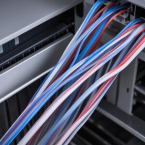 Ilustrasi close-up kabel fleksibel transparan (kabel encoder) di dalam printer, menunjukkan garis-garis halus, dengan jari yang menunjuk ke arahnya.