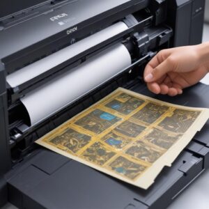 Ilustrasi close-up mekanisme jalur kertas lurus pada sebuah printer Epson, menunjukkan kertas tebal yang sedang ditarik mulus tanpa menekuk. Ada panah indikator arah kertas.