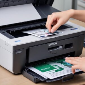 Ilustrasi close-up tangki tinta printer Epson L3210 yang sedang diisi ulang dengan botol tinta original Epson, menunjukkan level tinta yang naik.