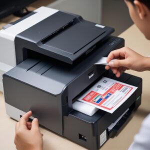 Ilustrasi ikon-ikon solusi masalah printer seperti kunci pas, tanda centang, dan kepala cetak, dengan latar belakang skematik printer.