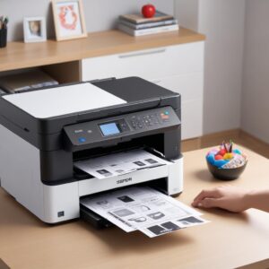 Ilustrasi ikon-ikon utility printer seperti driver, scan, dan resetter yang tersusun rapi di layar monitor, melambangkan solusi lengkap untuk pemeliharaan printer. Di sampingnya ada printer Epson L3210 yang bersih dan siap pakai.