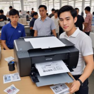 Ilustrasi ikonik printer Epson L3210 yang beroperasi dengan lancar, mengeluarkan lembaran kertas hasil cetak, dikelilingi oleh elemen-elemen positif seperti tanda centang hijau dan cahaya terang.