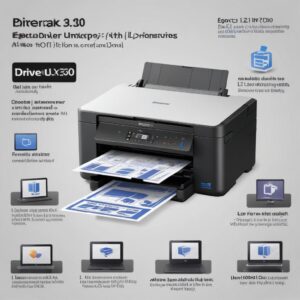 Ilustrasi infografis langkah-langkah instalasi driver Epson L3210 untuk Windows dan macOS, dengan ikon-ikon yang menunjukkan proses download, instalasi, dan koneksi USB.