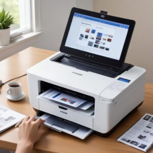 Ilustrasi komputer Windows dan Mac side-by-side, menunjukkan ikon aplikasi Epson Scan 2 dan Image Capture, dengan kabel USB terhubung ke printer Epson L3210.