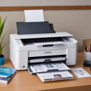 Ilustrasi orang sedang mencari harga printer online di laptop, dengan berbagai angka harga yang muncul di layar, menunjukkan variasi harga. Di sebelahnya ada gambar kotak printer Epson EcoTank L3210.