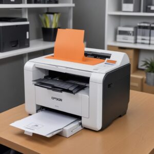 Ilustrasi orang tersenyum lega sambil melihat tumpukan dokumen yang baru dicetak dari printer Epson modern di kantor yang rapi.