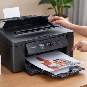 Ilustrasi orang yang tersenyum lega di depan printer Epson L3210 yang sedang mencetak dengan lancar, menunjukkan kepuasan setelah masalah teratasi.