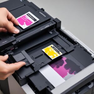 Ilustrasi pad tinta buangan (waste ink pad) di dalam printer yang terlihat basah dan penuh, dengan panah yang menunjuk ke bagian sensor.