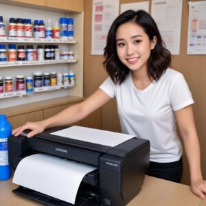 Ilustrasi panduan langkah demi langkah cara mengisi ulang tinta Epson L3210 dengan botol tinta original, dengan ikon yang menunjukkan kebersihan dan kehati-hatian.