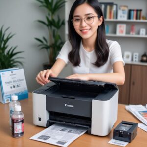 Ilustrasi perbandingan dua printer, satu HP dengan desain modern dan satu Canon dengan botol tinta, diletakkan di meja kerja dengan dokumen dan foto yang tercetak di sekelilingnya.