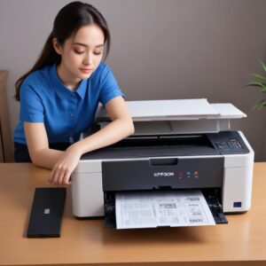 Ilustrasi printer Epson L3210 dengan jalur kertas yang disorot, menunjukkan area potensi paper jam.