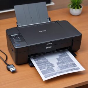 Ilustrasi printer Epson L3210 dengan kabel USB yang terhubung ke laptop, menunjukkan tidak adanya konektivitas Bluetooth.