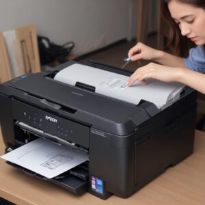 Ilustrasi printer Epson L3210 dengan lampu indikator berkedip, menunjukkan frustrasi pengguna dan solusi cepat di latar belakang.
