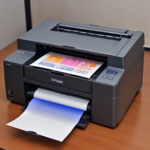 Ilustrasi printer Epson L3210 dengan lampu indikator berkedip, menunjukkan error atau masalah. Warna cerah, fokus pada lampu indikator.