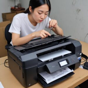 Ilustrasi printer Epson L3210 dengan lampu indikator berkedip, menunjukkan pesan error