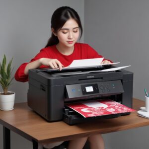 Ilustrasi printer Epson L3210 dengan lampu indikator merah berkedip, menunjukkan tanda masalah.