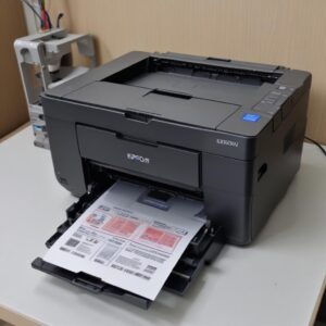 Ilustrasi printer Epson L3210 dengan lampu indikator berkedip, menampilkan pesan error