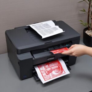 Ilustrasi printer Epson L3210 dengan lampu merah menyala dan ikon tanda seru, dikelilingi oleh berbagai simbol masalah umum seperti tinta tumpah, kertas kusut, dan tanda kunci.